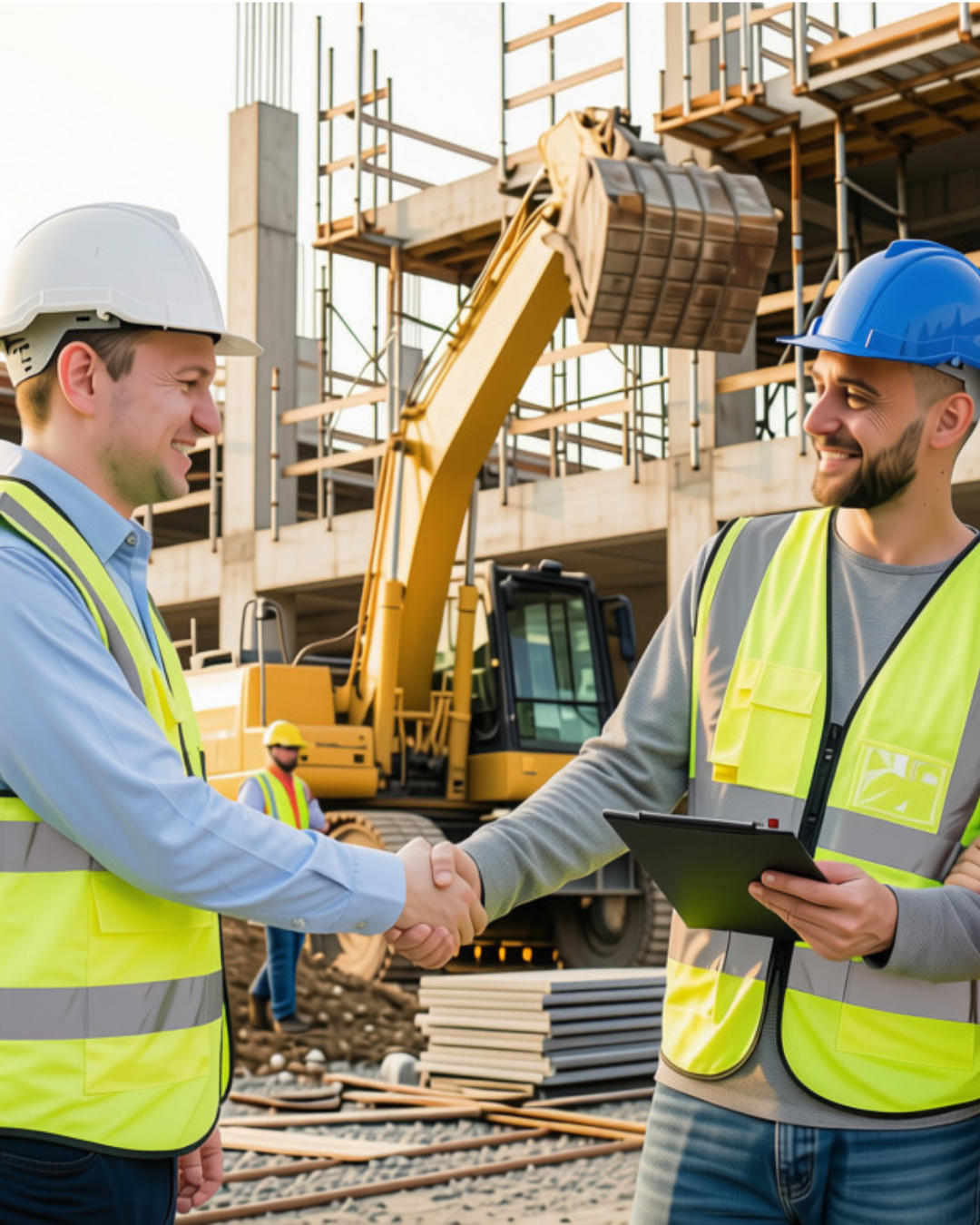two male construction workers shaking hands on a job site