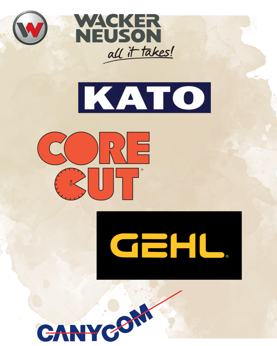 featured brands we do service for: wacker neuson, kato, core cut, gehl, canycom