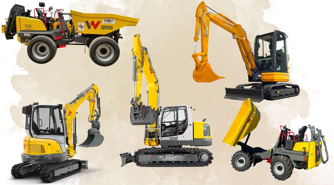 wacker neuson and kato excavators and concrete dumpers